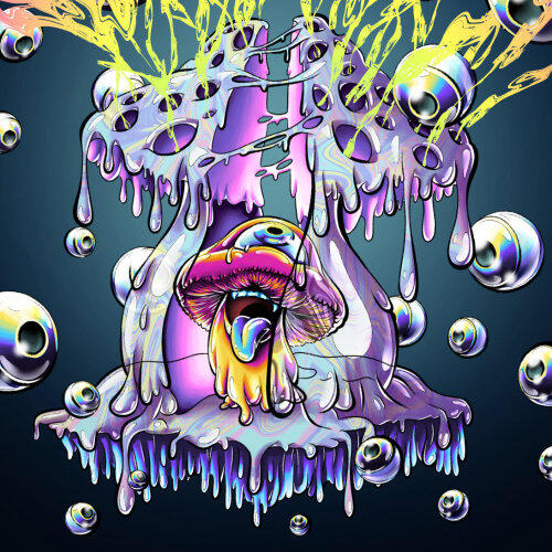 Mushy Surreal neon illustration of Mushy, a one-eyed purple mushroom mascot surrounded by chrome bubbles, melting psychedelic forms and rave-inspired colour.