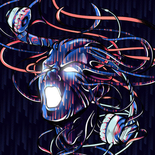 Rave visual artwork with a skull, headphones