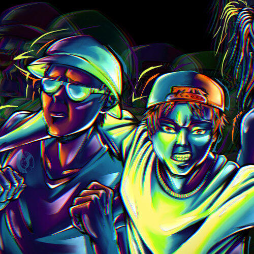 Rave visual artwork showing people dancing in a colorful crowd