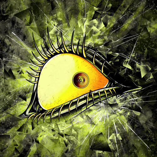 Track visual artwork for “Wide Awake” showing a surreal eye surrounded by restless energy