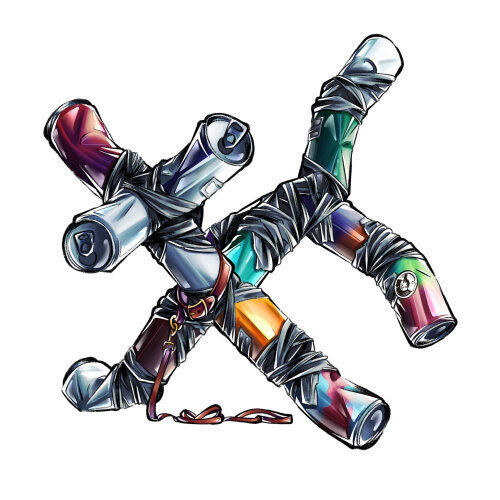 Alternative description: Strange creature assembled from crushed drink cans, black tape and loose wires.