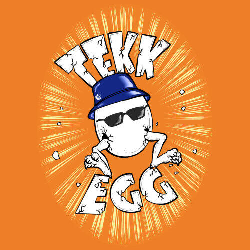 Tekk Egg Alternative description: White egg character wearing a blue cap and sunglasses, framed by bold Tekk Egg lettering and bright orange rays.