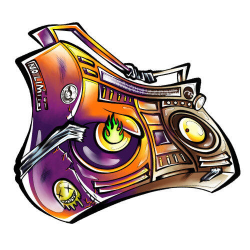 Stylized orange and purple boombox sticker illustration with glowing eyes and flame details.