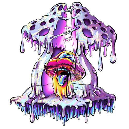 Mushy Surreal neon illustration of Mushy, a one-eyed purple mushroom mascot.
