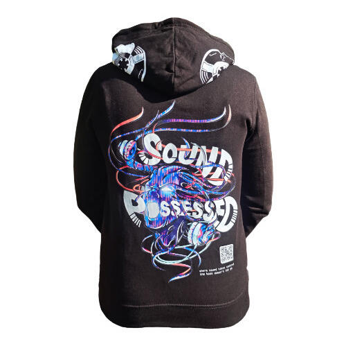 Sound Possessed Hoodie Alternative description: Black hoodie mockup featuring the Sound Possessed artwork on the back, with VISIV logo details on the hood and sleeve.