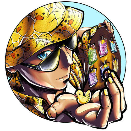 Stylized festival character wearing a duck-covered bucket hat and sunglasses, holding a small yellow duck and colorful trade items.