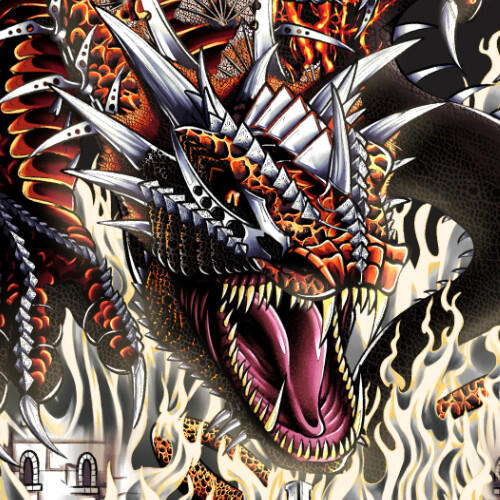 Close-up of the Sacred Flame dragon artwork, showing the dragon head, sharp stage-inspired details and intense fire energy.