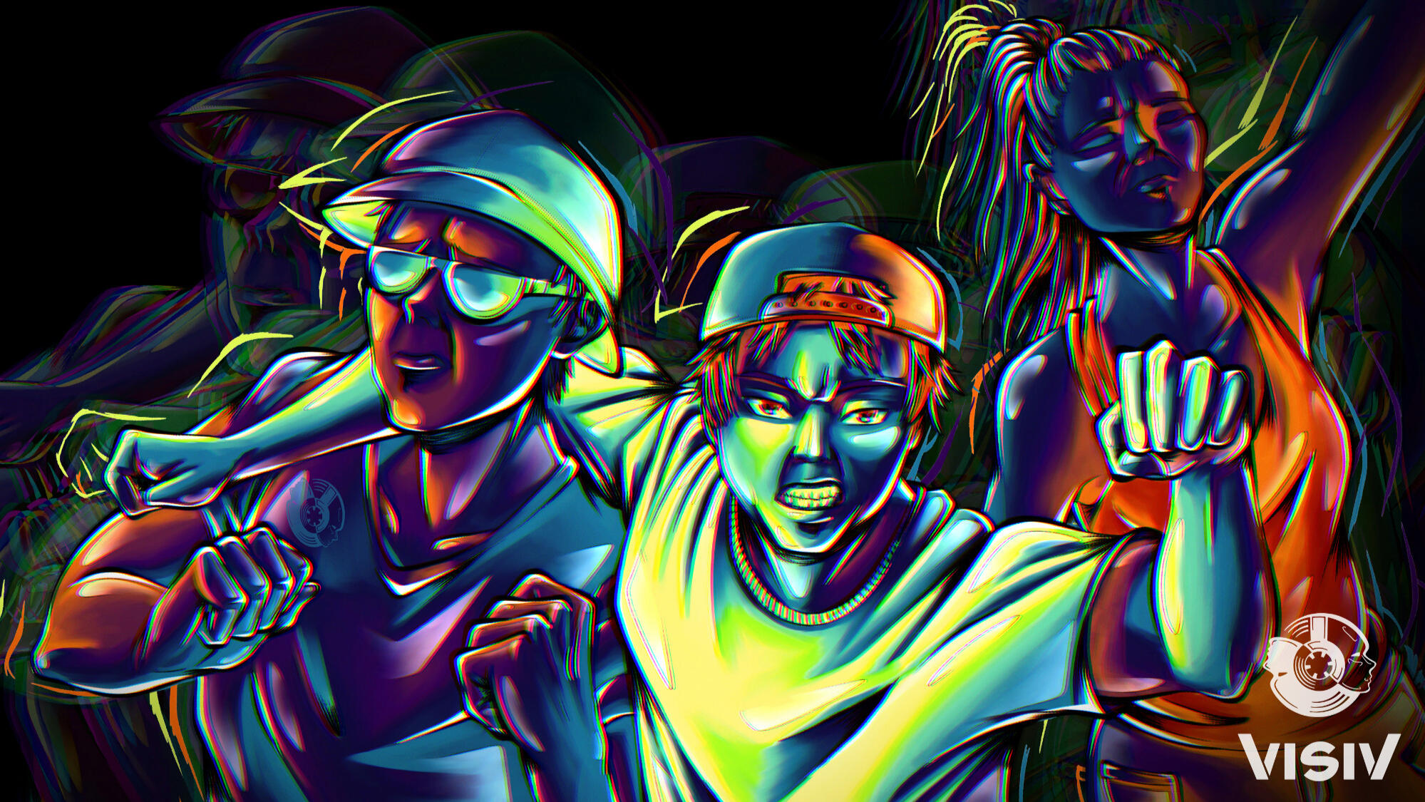 Rave visual artwork showing people dancing in a colorful crowd at the peak of the night