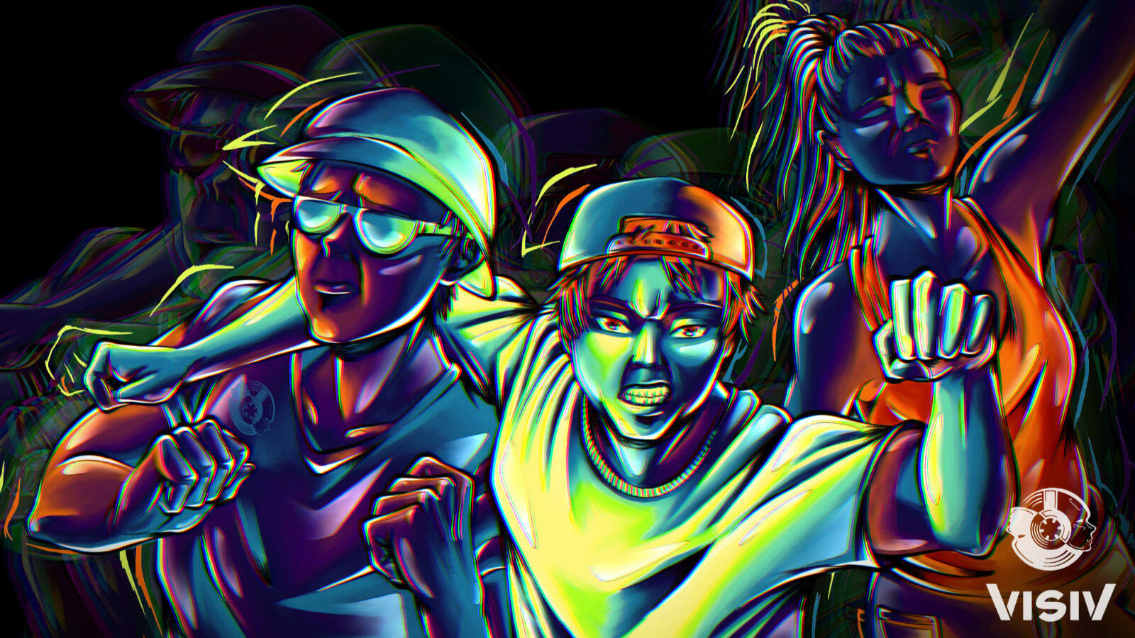 Rave visual artwork showing people dancing in a colorful crowd at the peak of the night