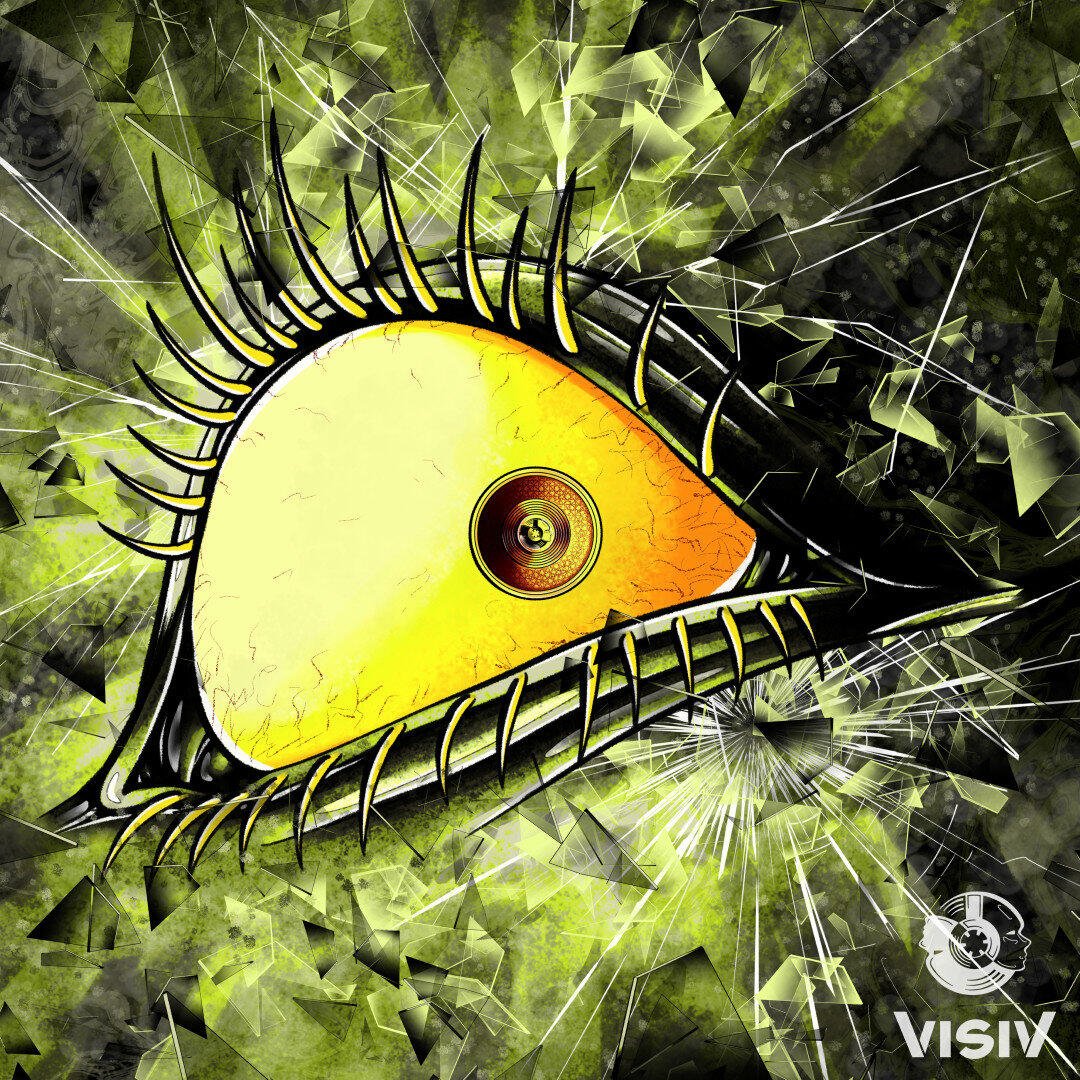 Track visual for “Wide Awake” showing a surreal yellow eye surrounded by restless green energy