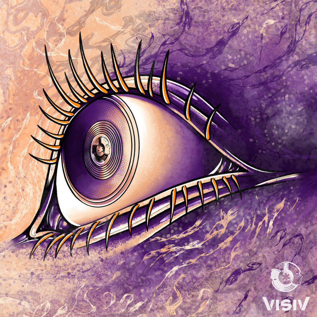 Track visual for “Wide Awake” showing a surreal purple eye with metallic lashes and hypnotic energy
