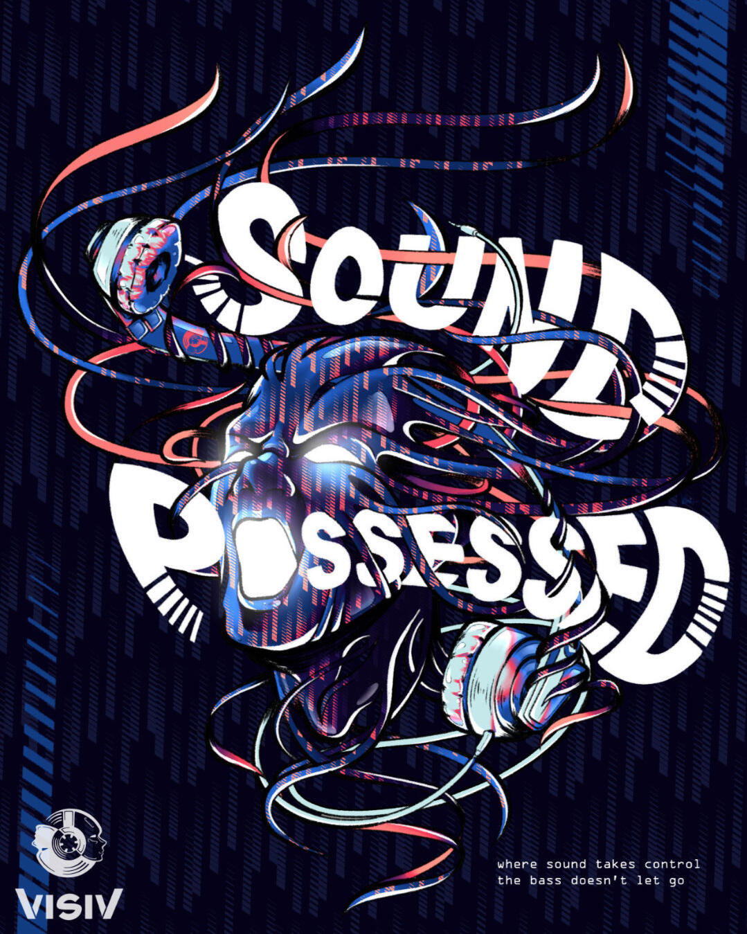 Sound Possessed rave visual showing a skull, headphones and distorted typography in blue and red tones
