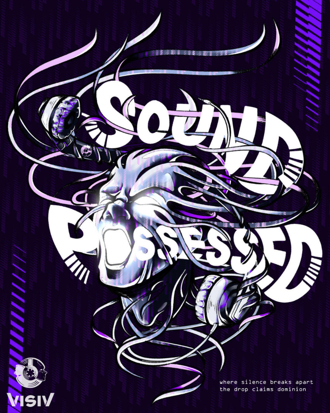 Sound Possessed rave visual showing a skull, headphones and distorted typography in purple and white tones