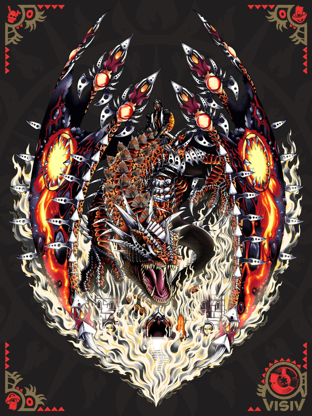 Surreal stage tribute artwork showing a fire-lit dragon, surrounded by flames, sharp metallic details and red-orange energy.