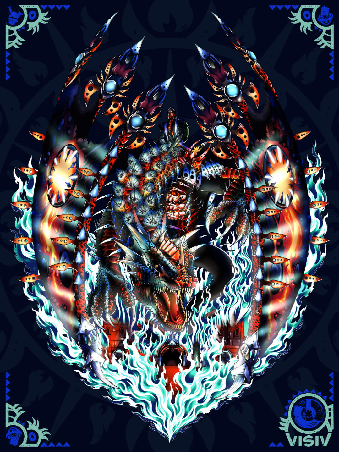 Surreal night version of the Sacred Flame dragon artwork, with blue flames, glowing stage elements and a darker rave atmosphere.