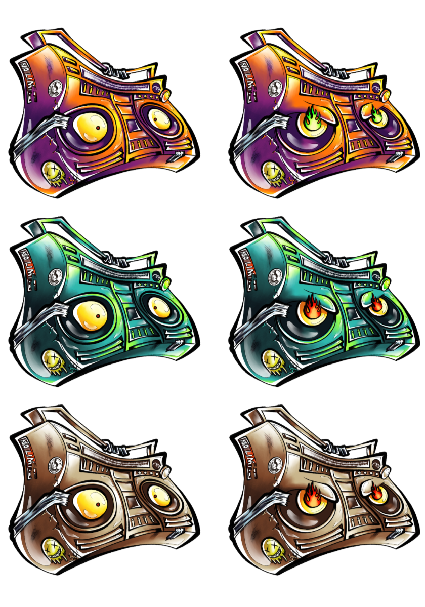 Six Boom Box sticker variations in orange, pink, green and metallic brown colorways, each featuring glowing eyes and small flame details.