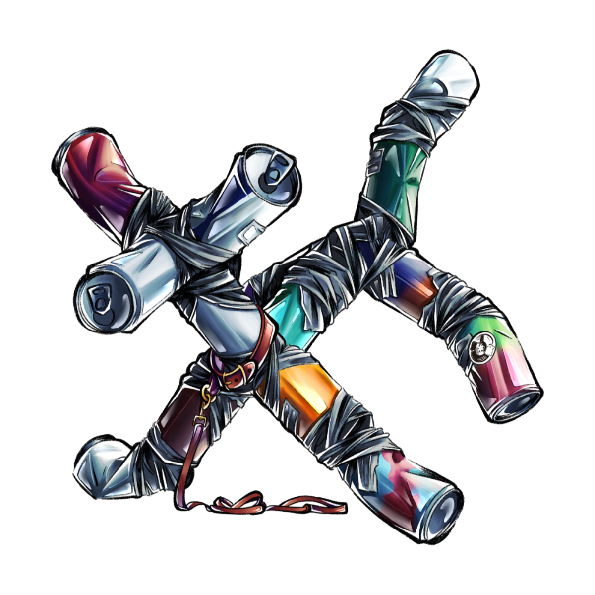 Can Dog Sticker Illustration Illustration of Can Dog, a strange creature assembled from crushed drink cans, black tape and loose wires, shown in metallic blue, green, pink and orange tones.