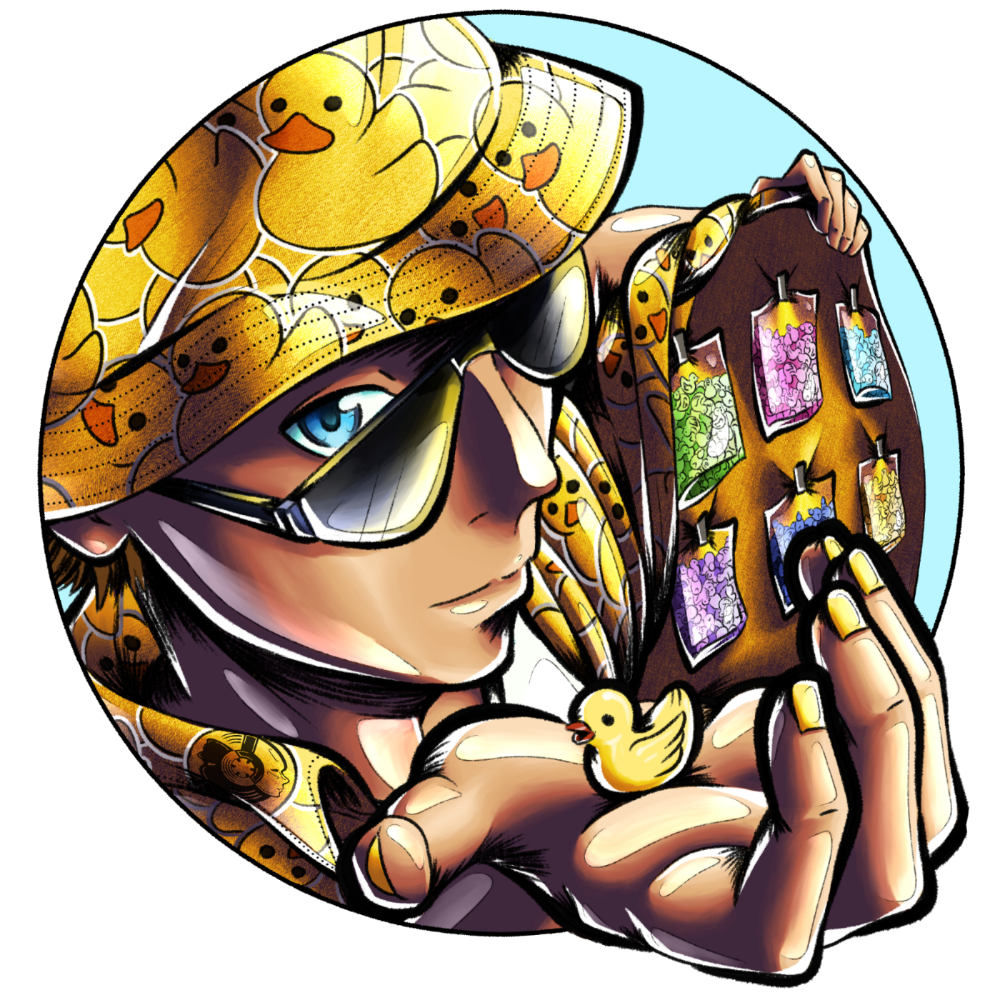 Illustration of the Duck Dealer character wearing a duck-covered bucket hat and sunglasses, holding a small yellow duck and several colorful festival trade items.