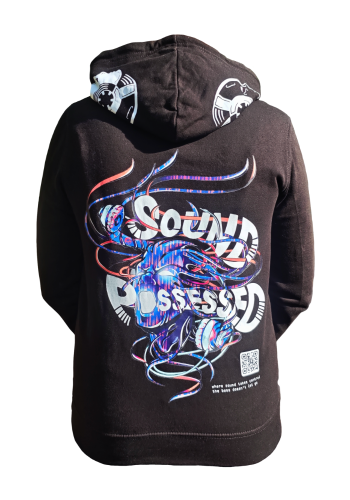 Black hoodie featuring a large Sound Possessed artwork on the back, additional VISIV logo details on the hood and sleeve, and a small QR code near the lower hem.