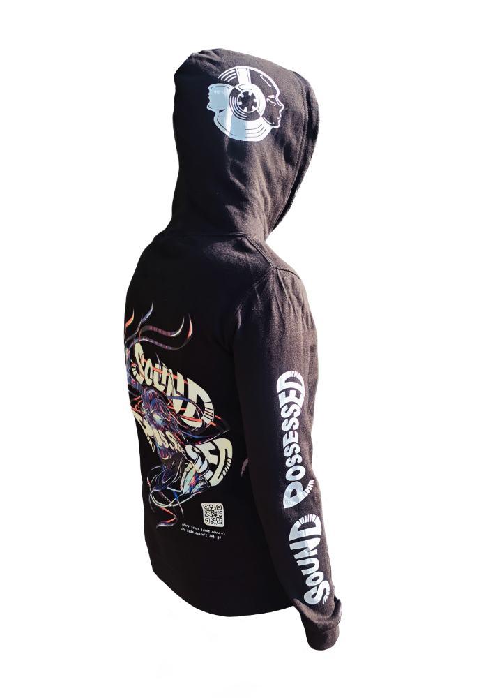 Black hoodie featuring a large Sound Possessed artwork on the back, additional VISIV logo details on the hood and sleeve, and a small QR code near the lower hem.