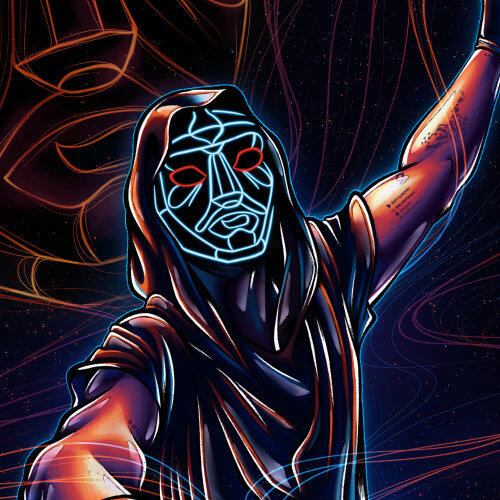 DJ portrait artwork inspired by KXXMA showing a masked performer behind a DJ booth