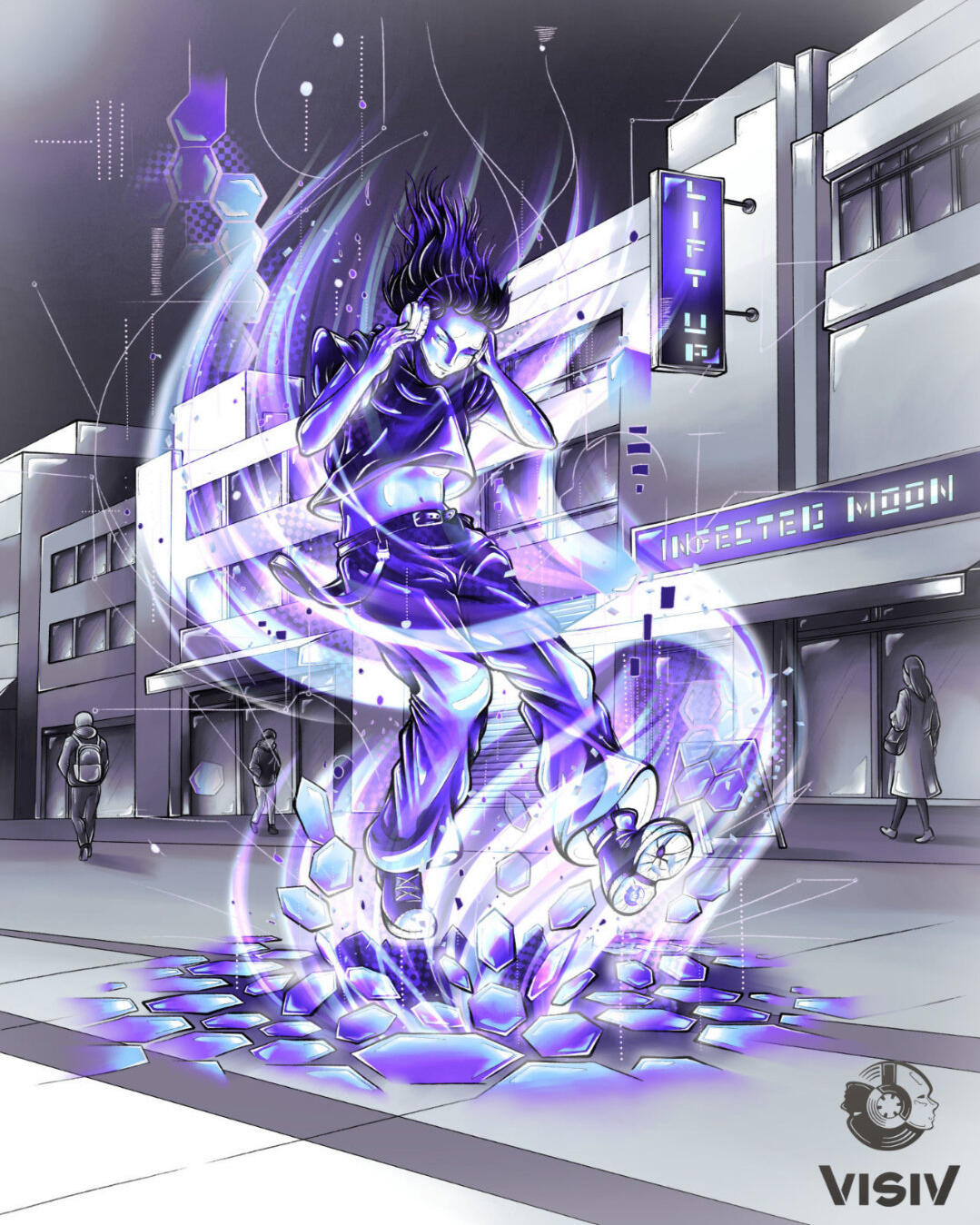 Lift Up Artwork Track visual for “Lift Up” by Infected Moon showing a floating figure surrounded by purple energy in a futuristic street scene