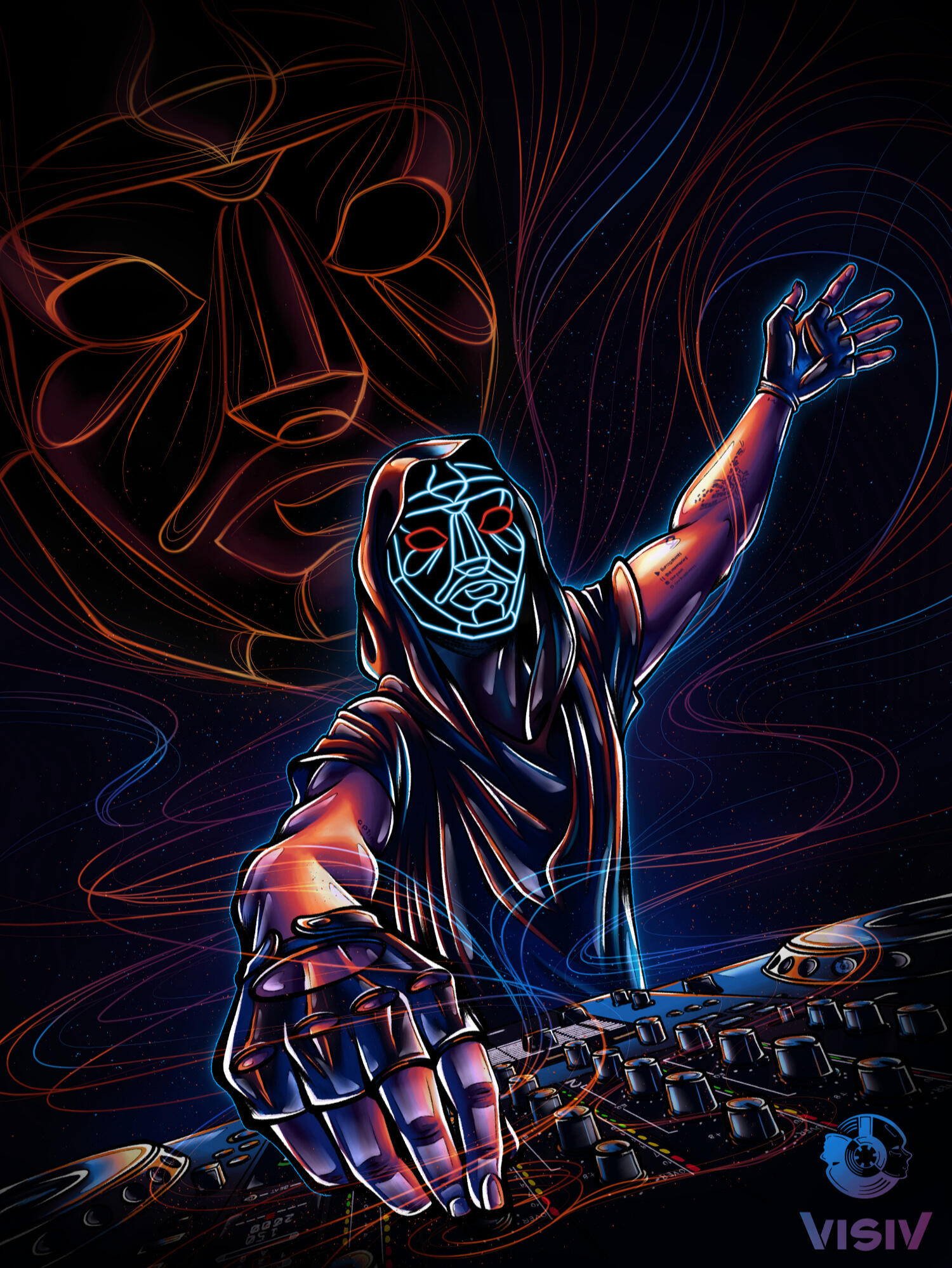 DJ portrait artwork inspired by KXXMA showing a masked performer behind a DJ booth