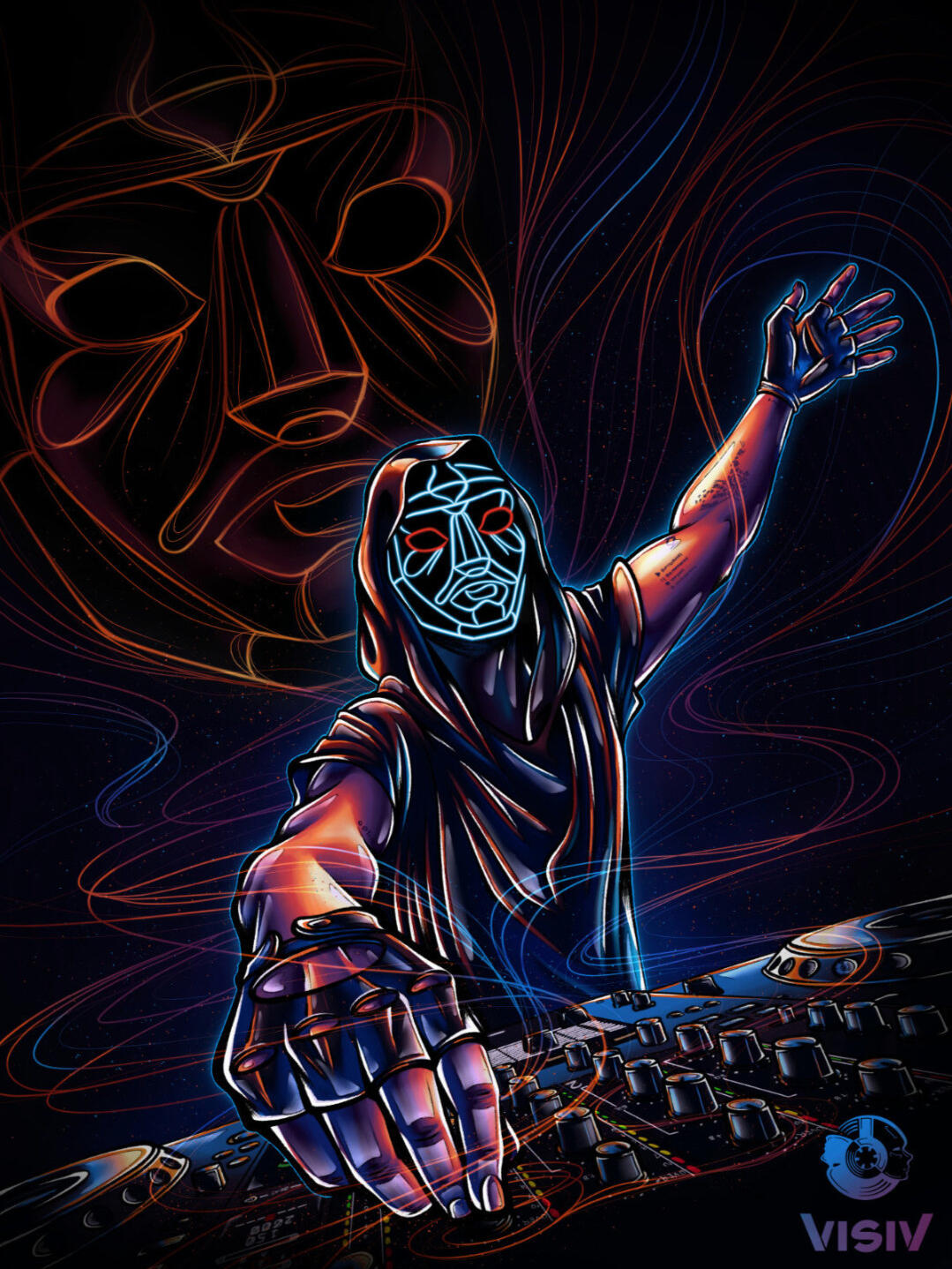KXXMA DJ Portrait DJ portrait artwork inspired by KXXMA showing a masked performer behind a DJ booth