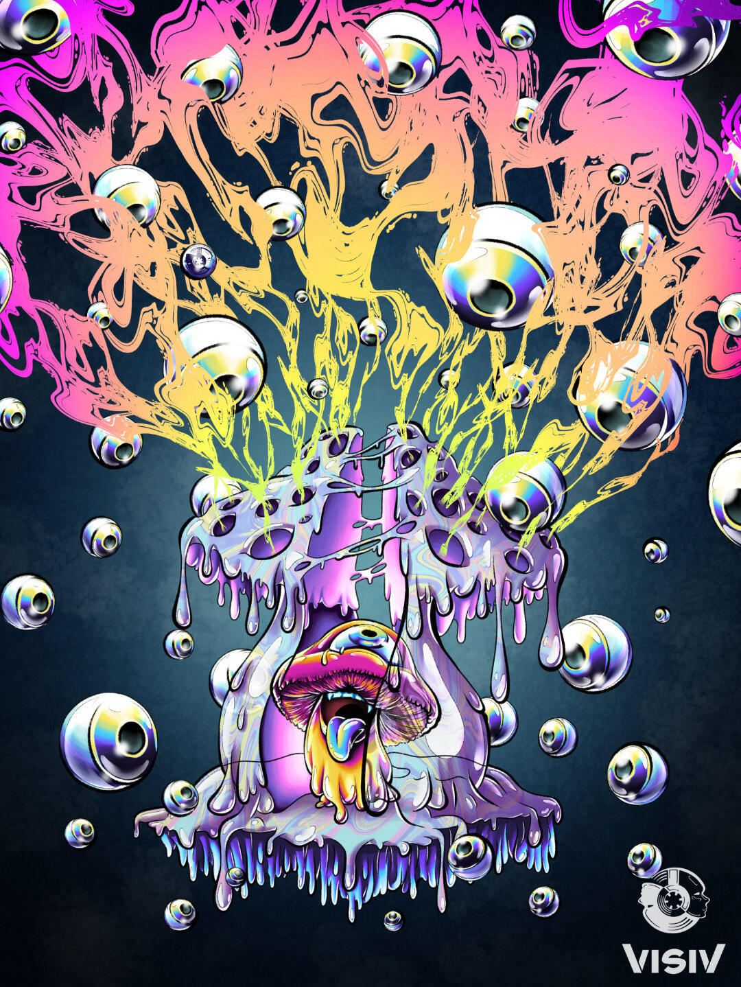 Mushy Character Visual Surreal neon illustration of Mushy, a one-eyed purple mushroom mascot surrounded by chrome bubbles, melting psychedelic forms and rave-inspired colour.